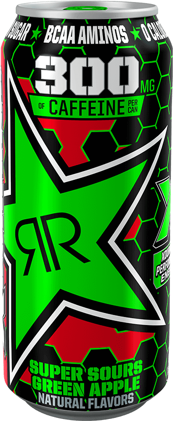 A Green Can With Black And Red Design