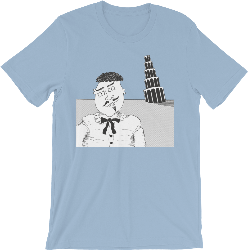 A Shirt With A Cartoon Of A Man And Tower Of Pisa