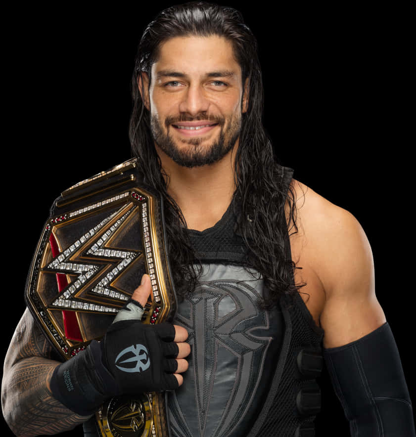 Roman Reigns Smiling With Wrestling Belt