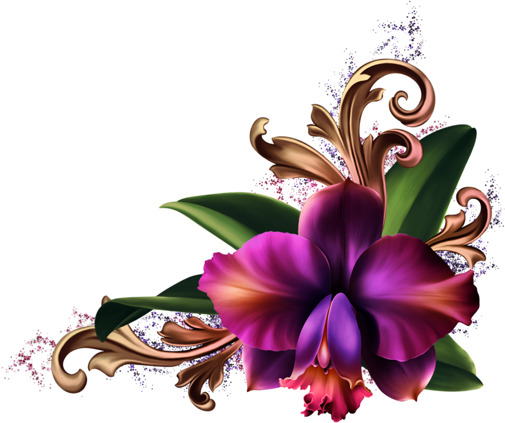 A Purple Flower With Leaves And Gold Swirls