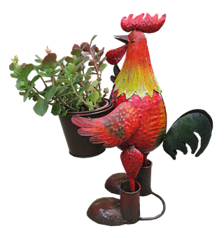 A Metal Rooster Holding A Plant