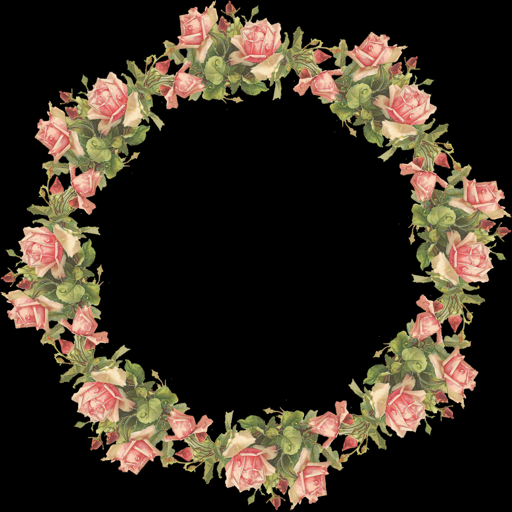 A Wreath Of Pink Roses And Green Leaves