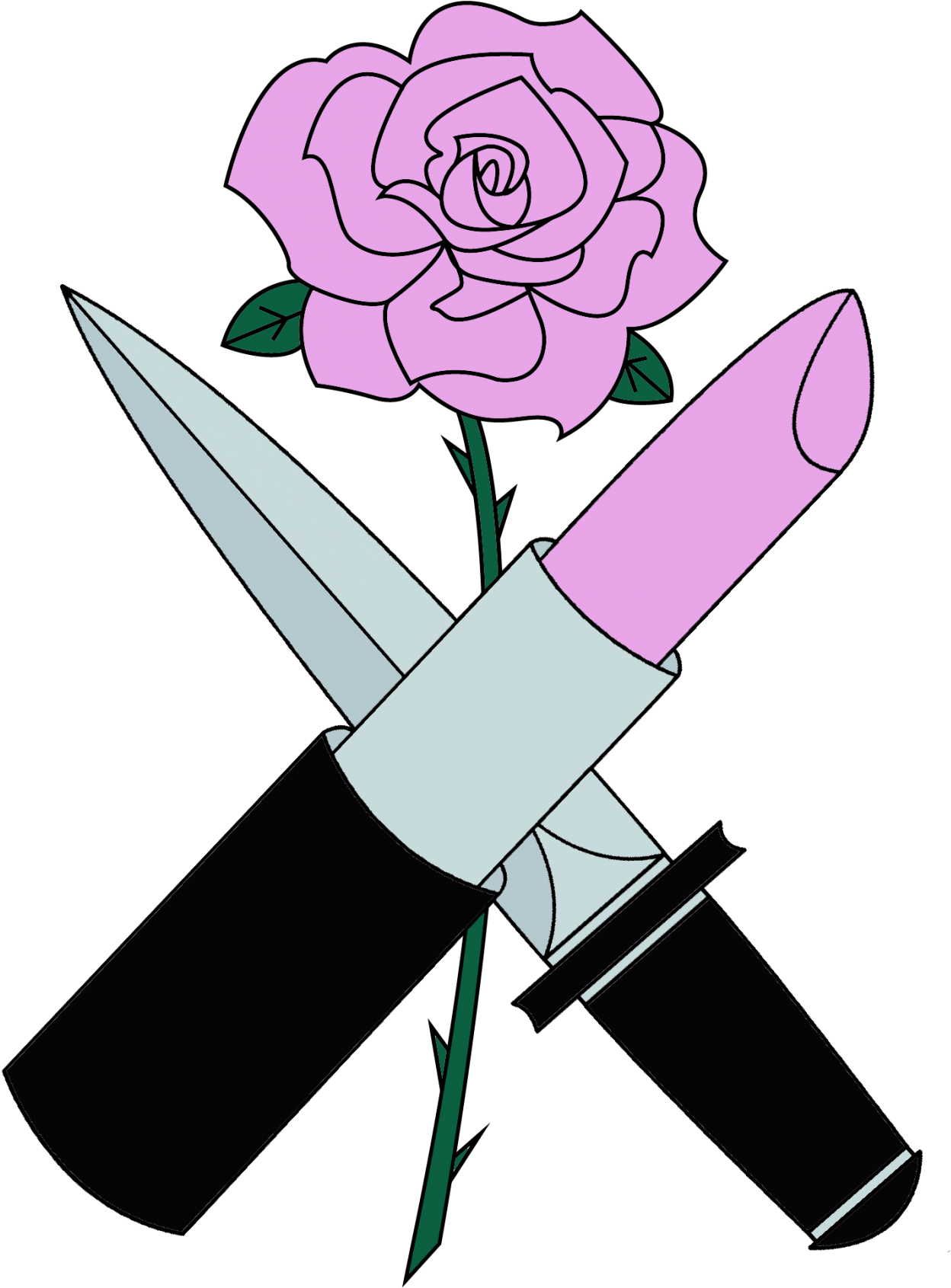 A Pink Rose With Two Knives And A Black Background
