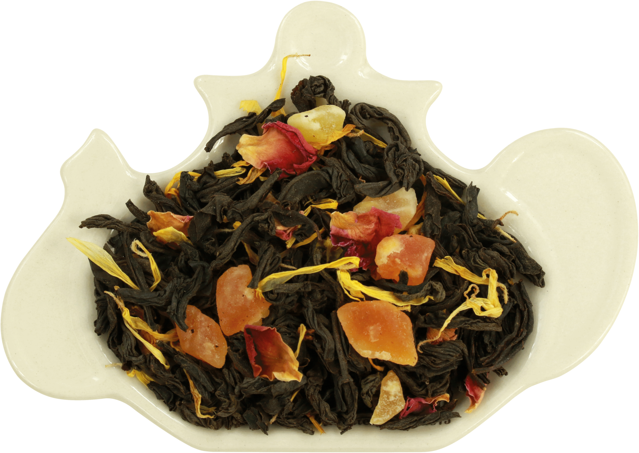 A Bowl Of Black Tea With Orange And Yellow Petals