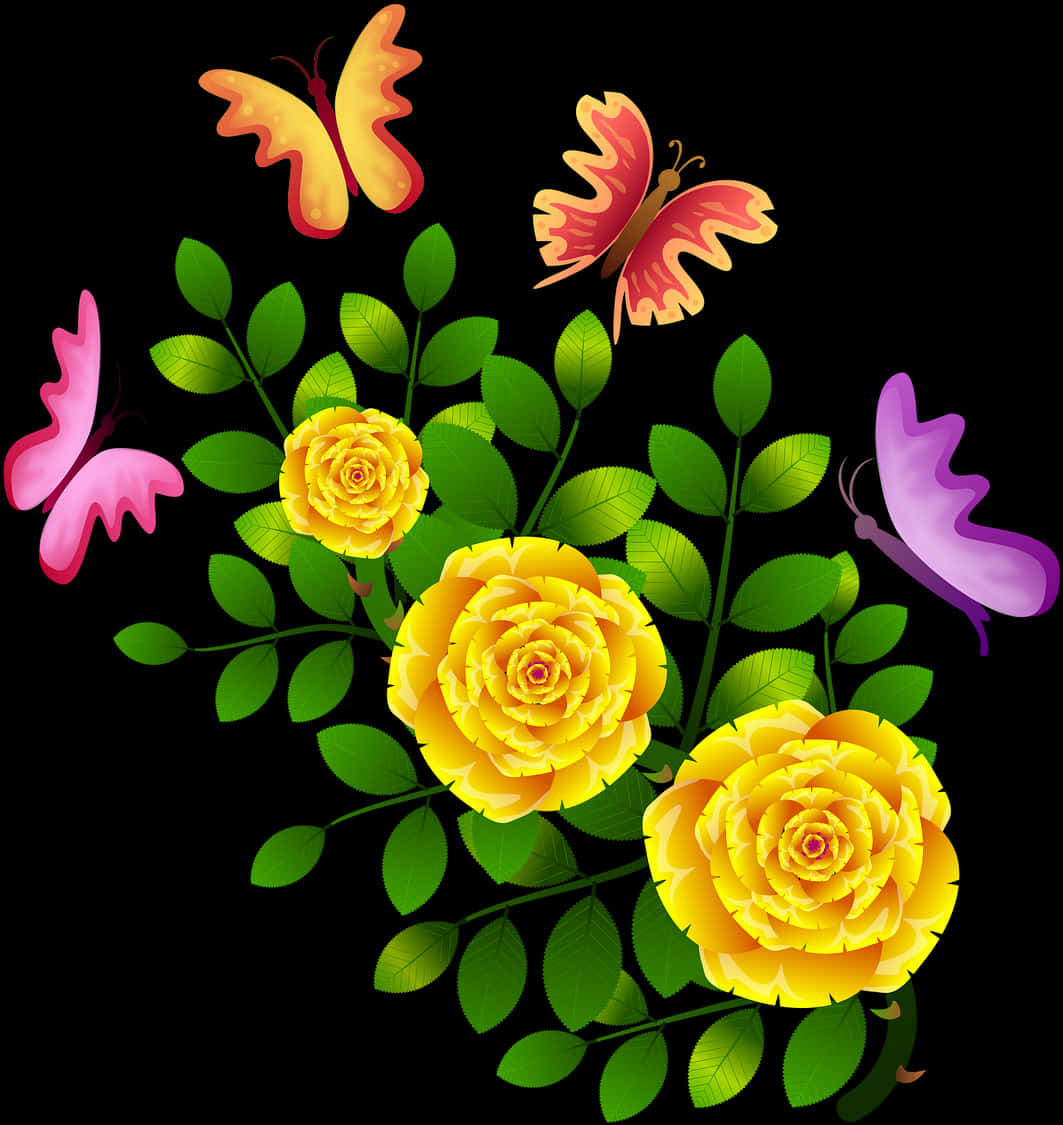 A Yellow Roses And Butterflies On A Black Background