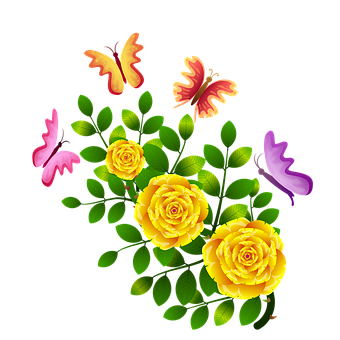 A Yellow Roses And Butterflies On A Black Background