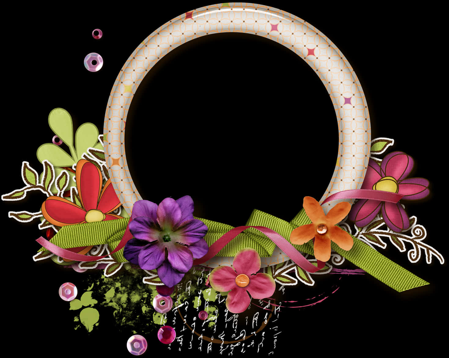 A Round Frame With Flowers And Ribbons