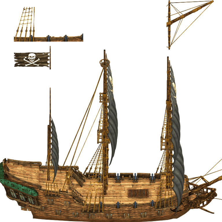 A Wooden Ship With Sails And Flags