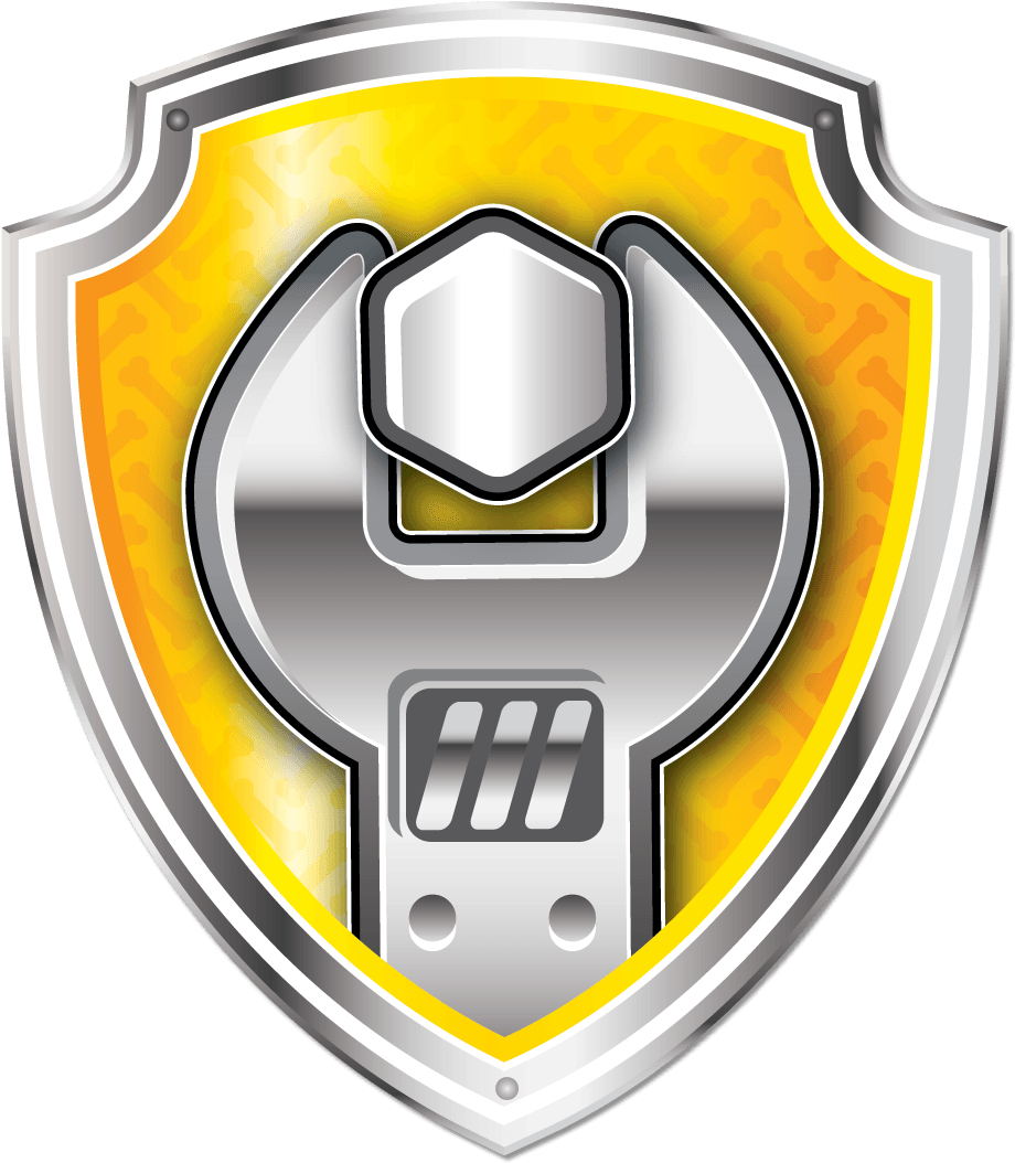 A Silver And Yellow Shield With A Wrench