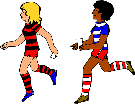 A Cartoon Of A Man And A Woman Running