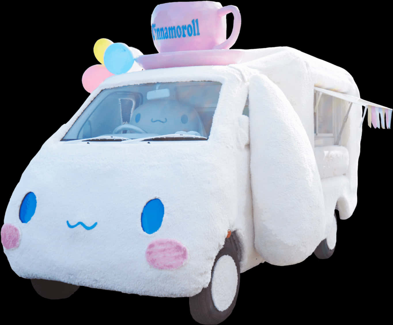 A White Vehicle With A Cup On Top And Balloons On The Roof