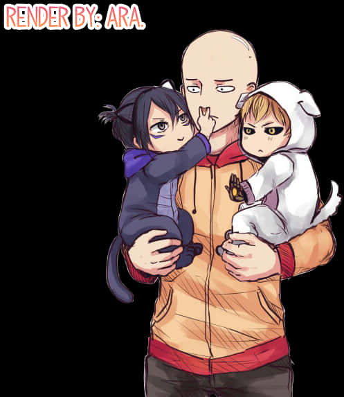 A Cartoon Of A Man Holding Two Children