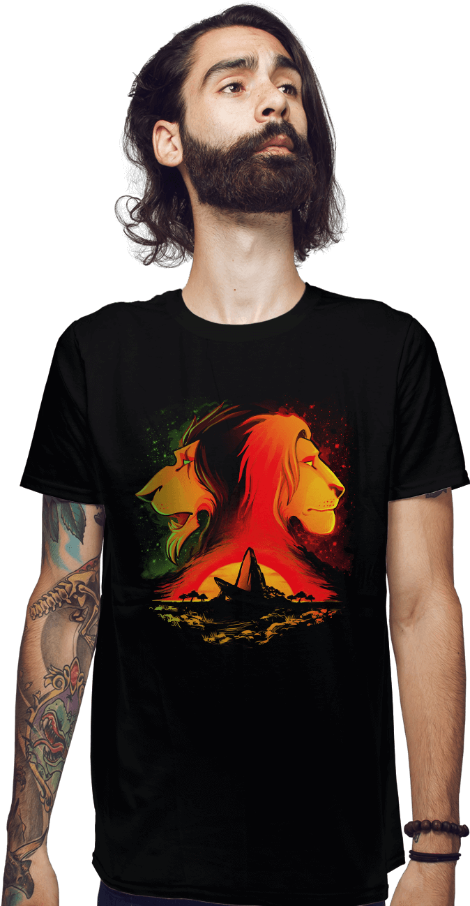 A Man Wearing A Black Shirt With A Lion And Lion Head On It