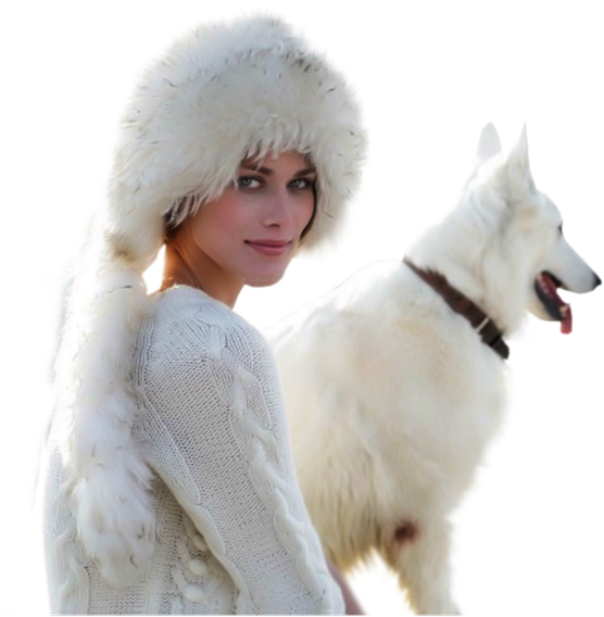 A Woman In A White Sweater And Fur Hat With A Dog
