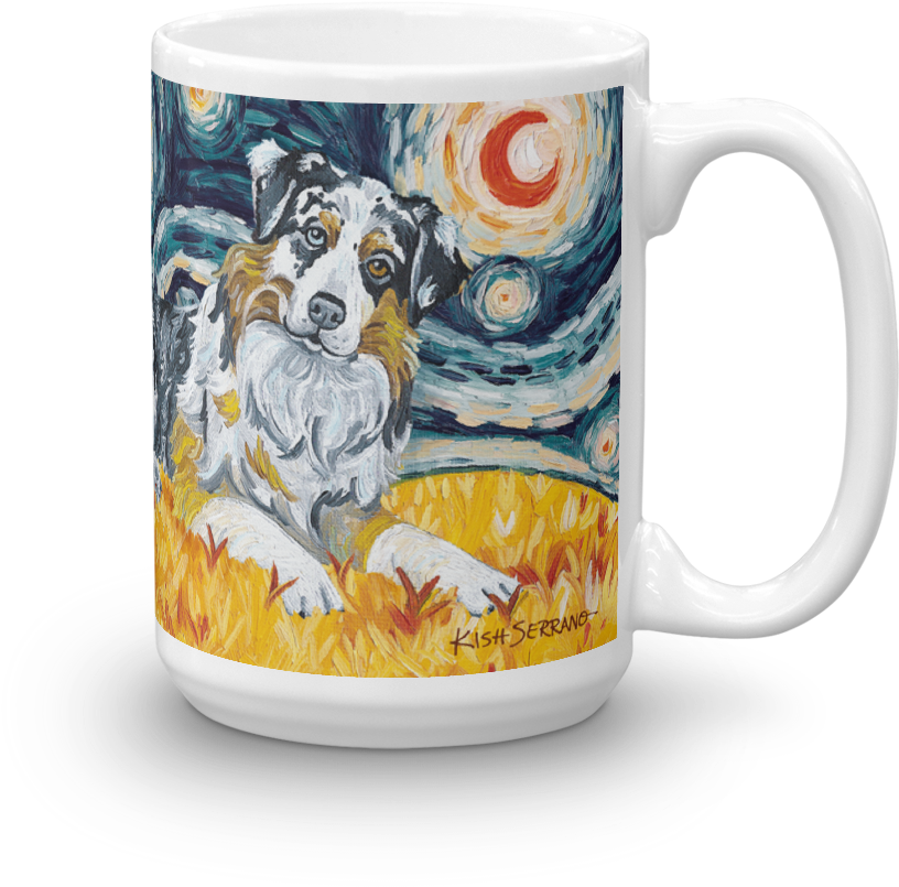 A White Mug With A Painting Of A Dog