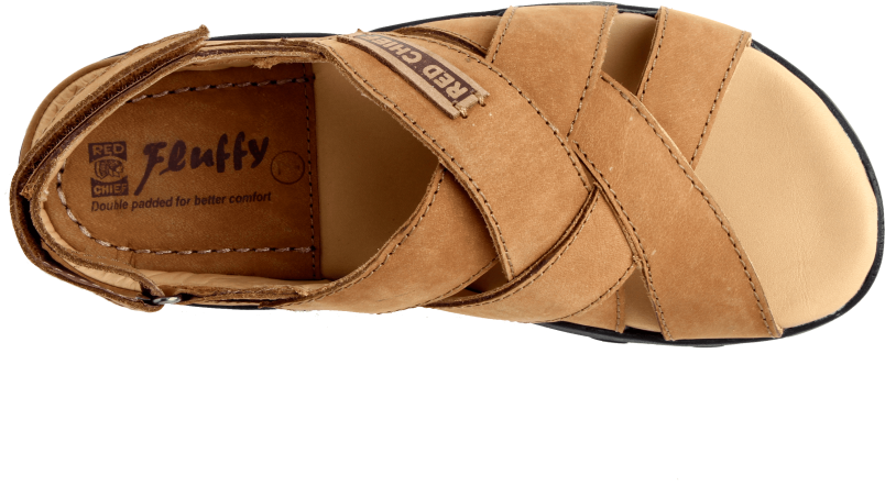 A Brown Sandal With A Cross Strap