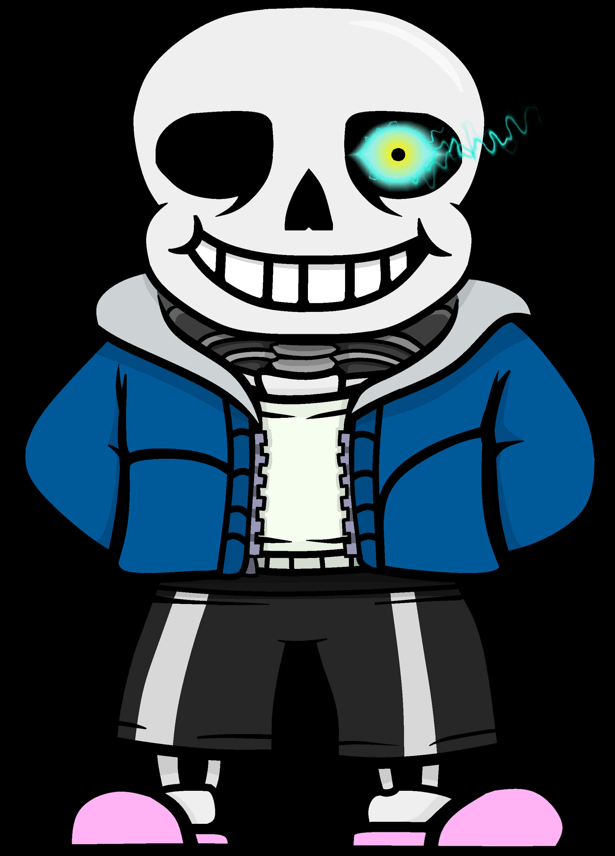 Cartoon Character Of A Skeleton With A Blue Jacket And Black Pants