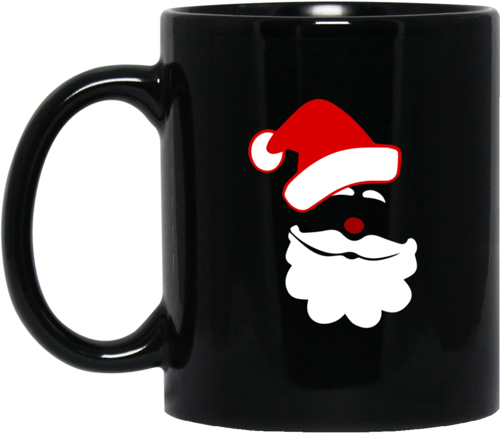 A Black Coffee Mug With A Santa Face And Beard