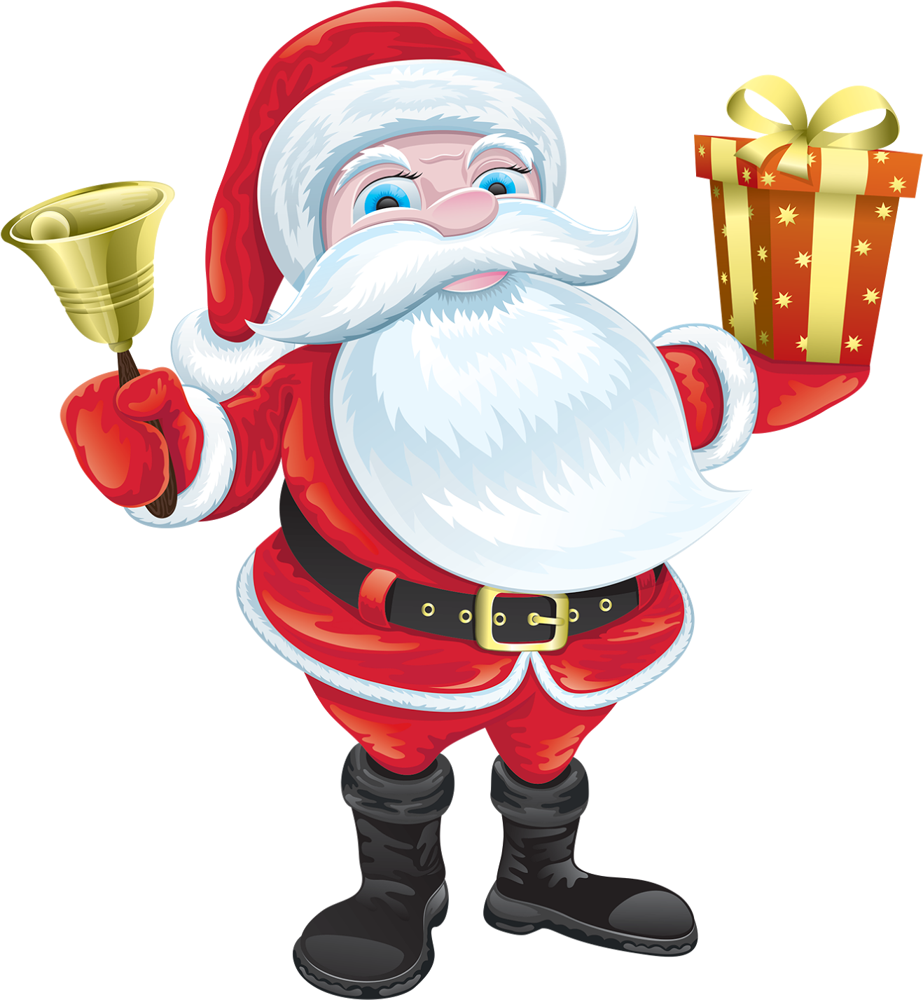 A Cartoon Of Santa Claus Holding A Bell And A Present