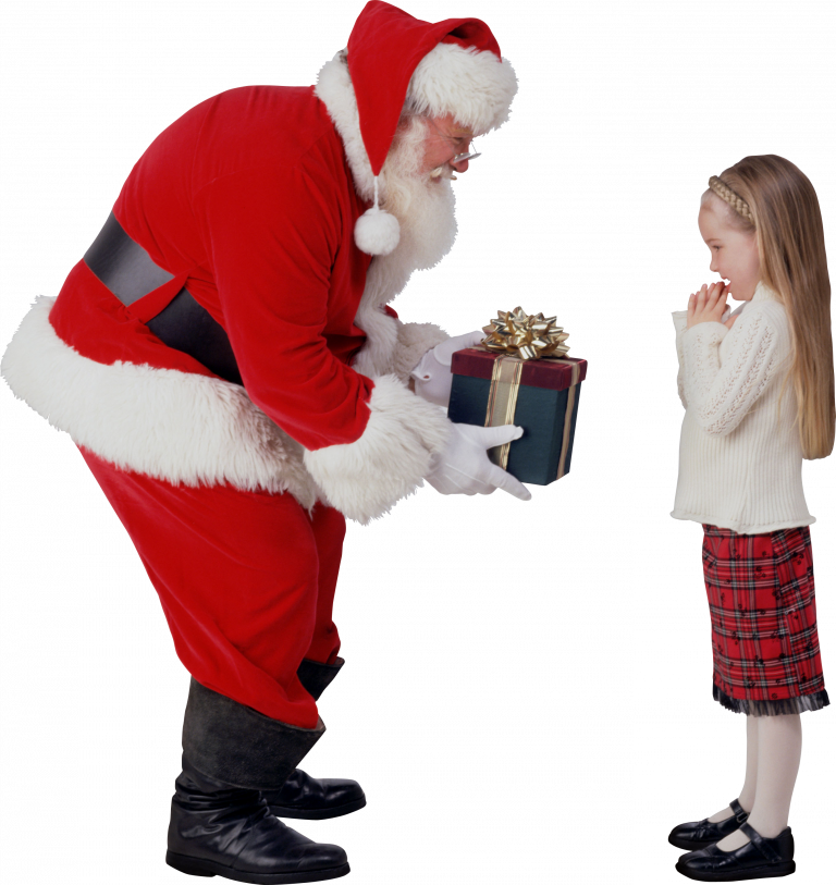 A Man In A Red Suit Holding A Present And A Girl In A White Dress