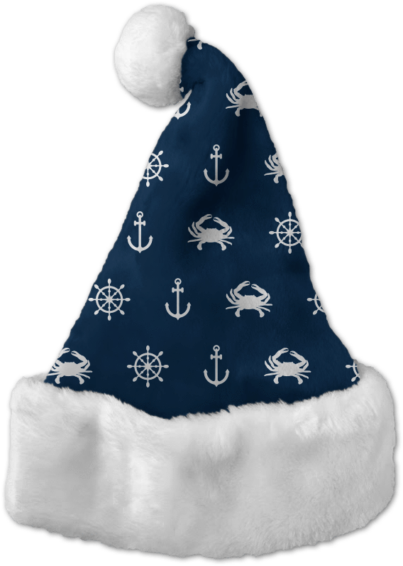 A Blue And White Santa Hat With White Crab And Anchor Designs