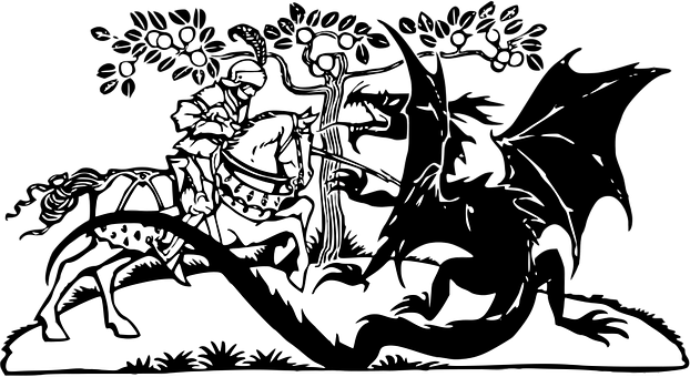 A Black And White Drawing Of A Man Riding A Horse And A Dragon