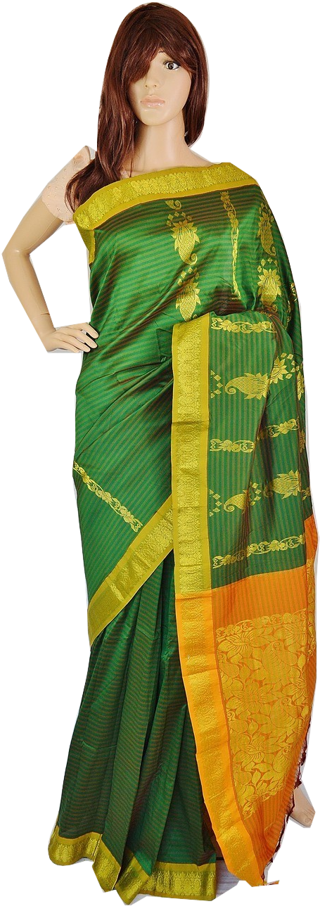 A Mannequin Wearing A Green And Orange Sari