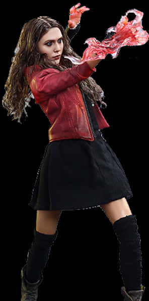 A Woman In A Red Jacket And Black Skirt