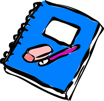 A Blue Notebook With A Pink Eraser And A Pink Pen