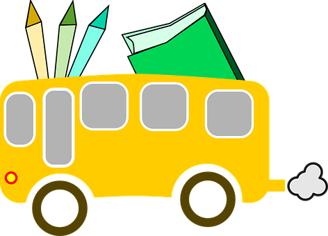 A Yellow School Bus With Pencils And A Green Book