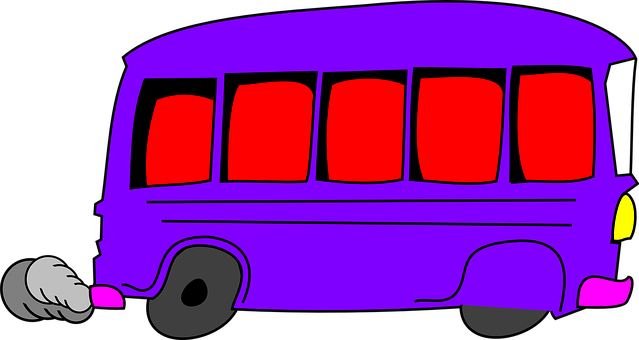 A Purple Bus With Red Windows