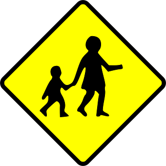 A Yellow Sign With A Silhouette Of A Child And A Woman Holding Hands