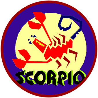 A Red Scorpion With A Yellow Circle And Black Text