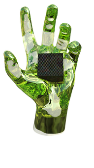 A Green Glass Hand Holding A Square Object