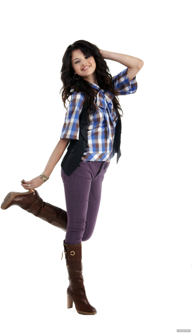 A Woman In A Plaid Shirt And Purple Pants