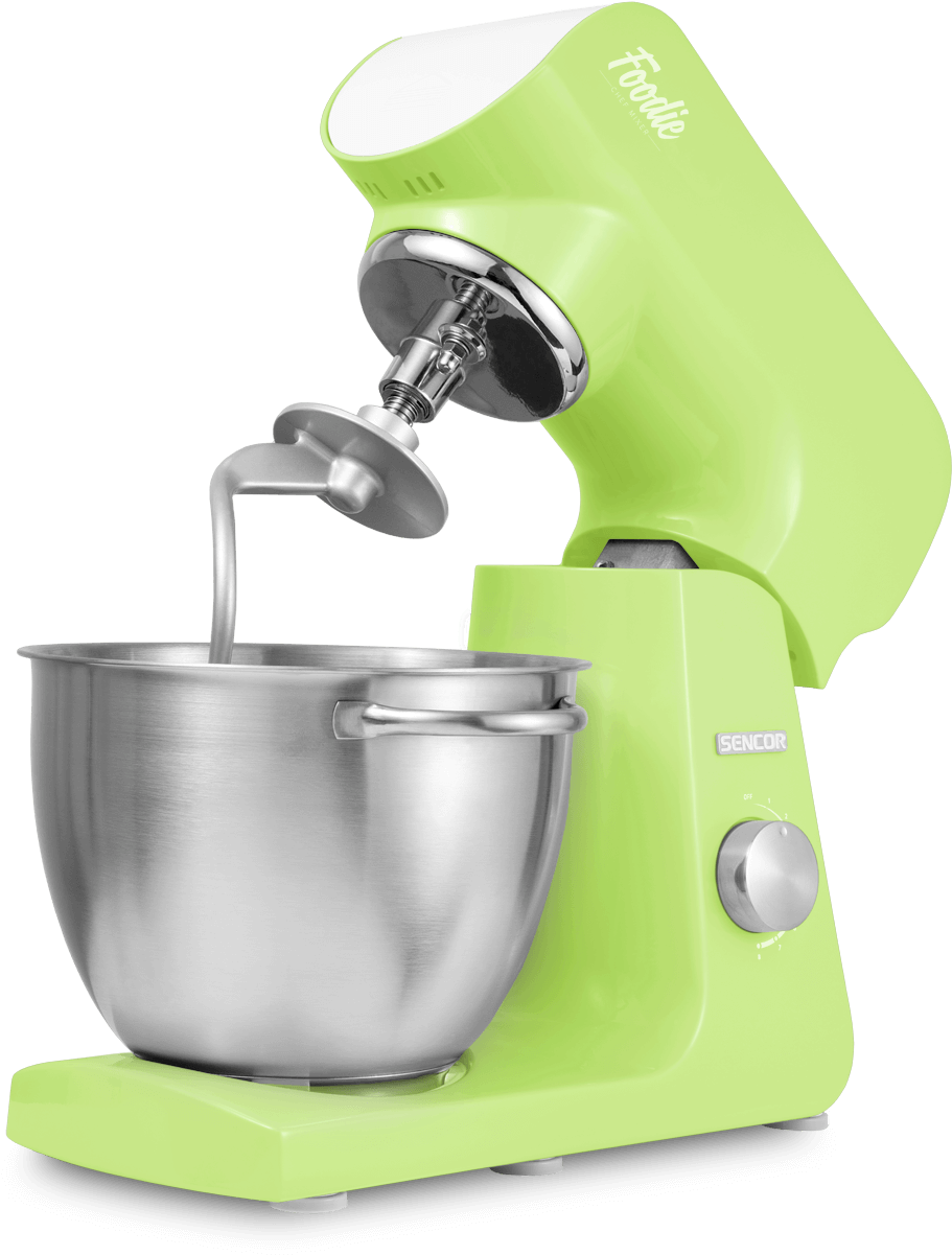 A Green Mixer With A Silver Bowl