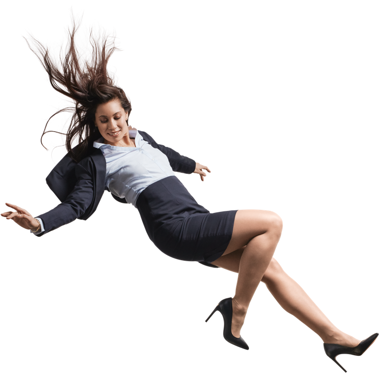 A Woman In A Suit And Skirt Falling