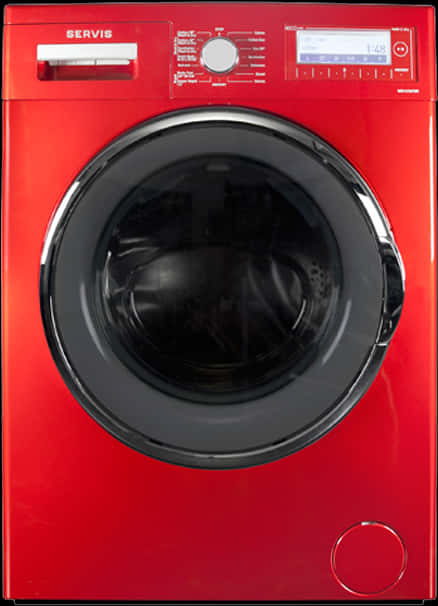 A Red Washing Machine With A Black Circle