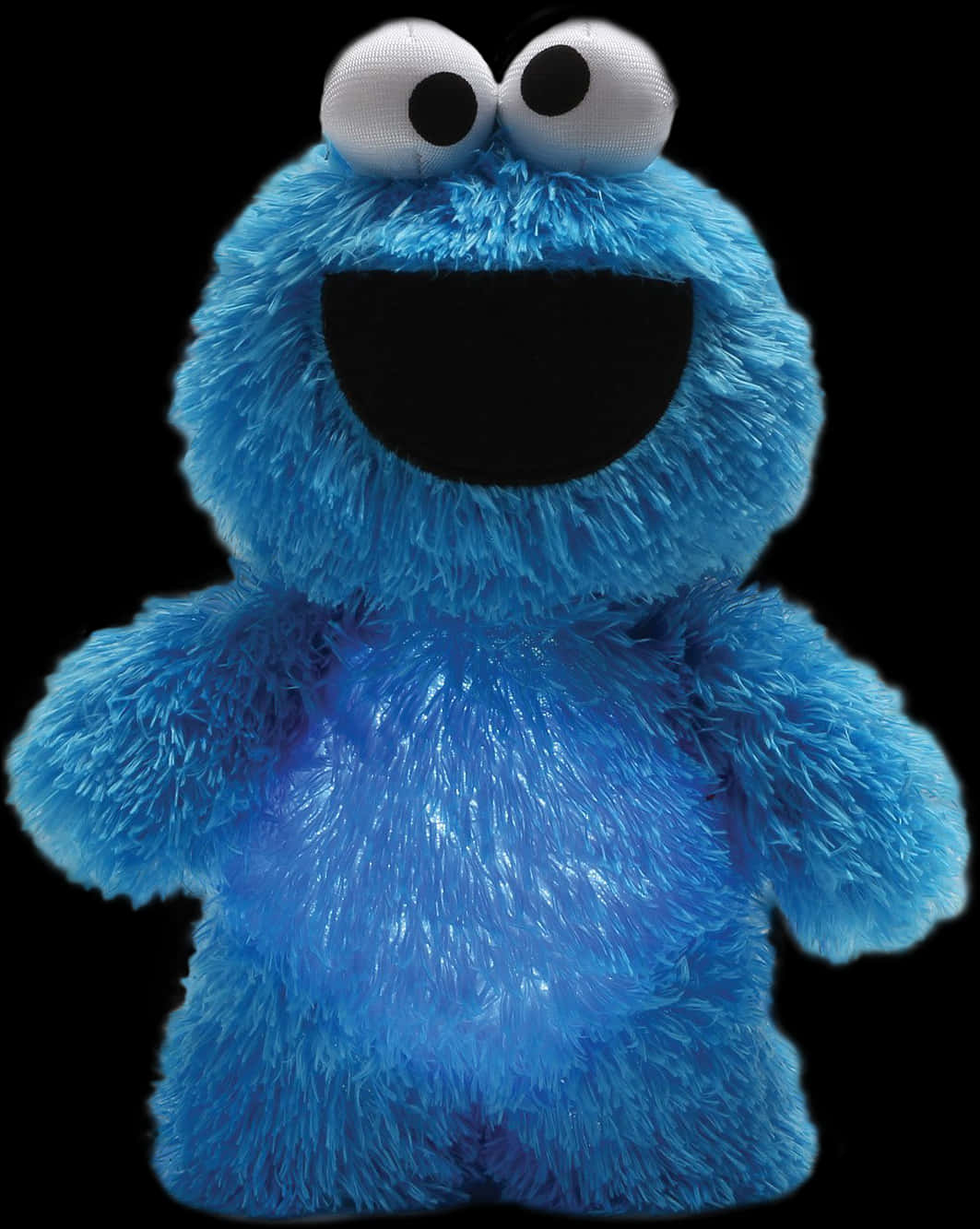A Blue Stuffed Animal With White Eyes And A Black Background