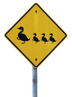 A Yellow Sign With Ducks On It