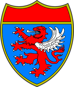 A Red Lion With Wings And A Blue And Yellow Border