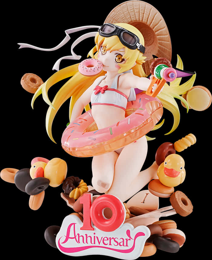 A Cartoon Figurine Of A Girl Holding A Swim Ring And A Donut