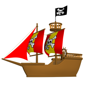 A Toy Pirate Ship With Red Sails And Skulls