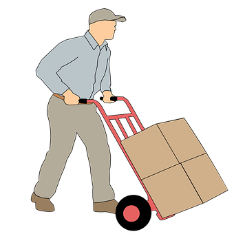 A Man Pushing A Hand Truck With Boxes