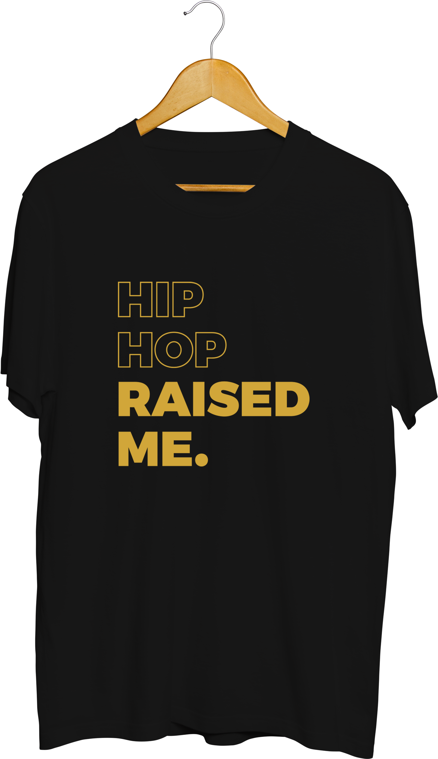 A Black Shirt With Gold Text