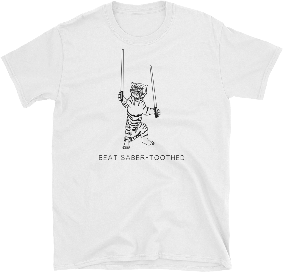 A White T-shirt With A Drawing Of A Tiger Holding Swords