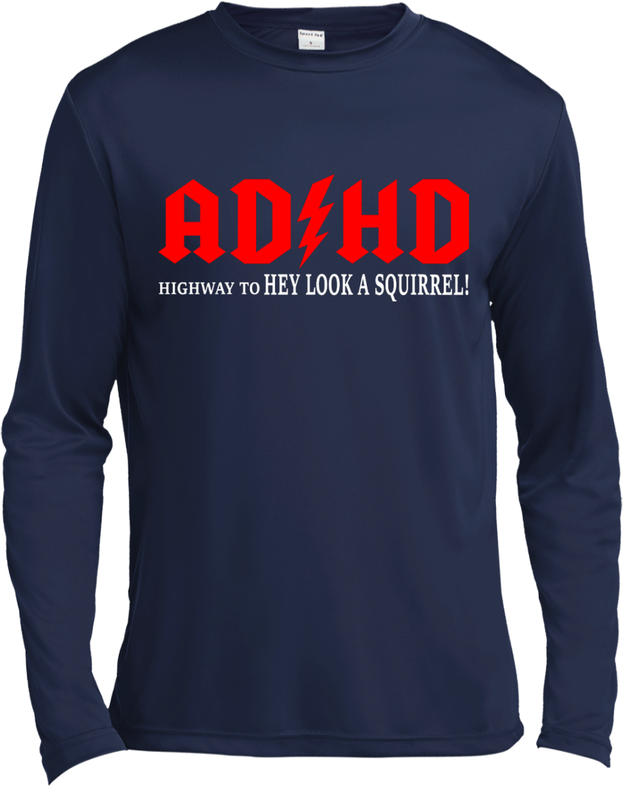 A Long Sleeved Blue Shirt With Red Text