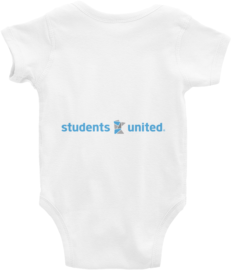 A White Baby Bodysuit With Blue Text