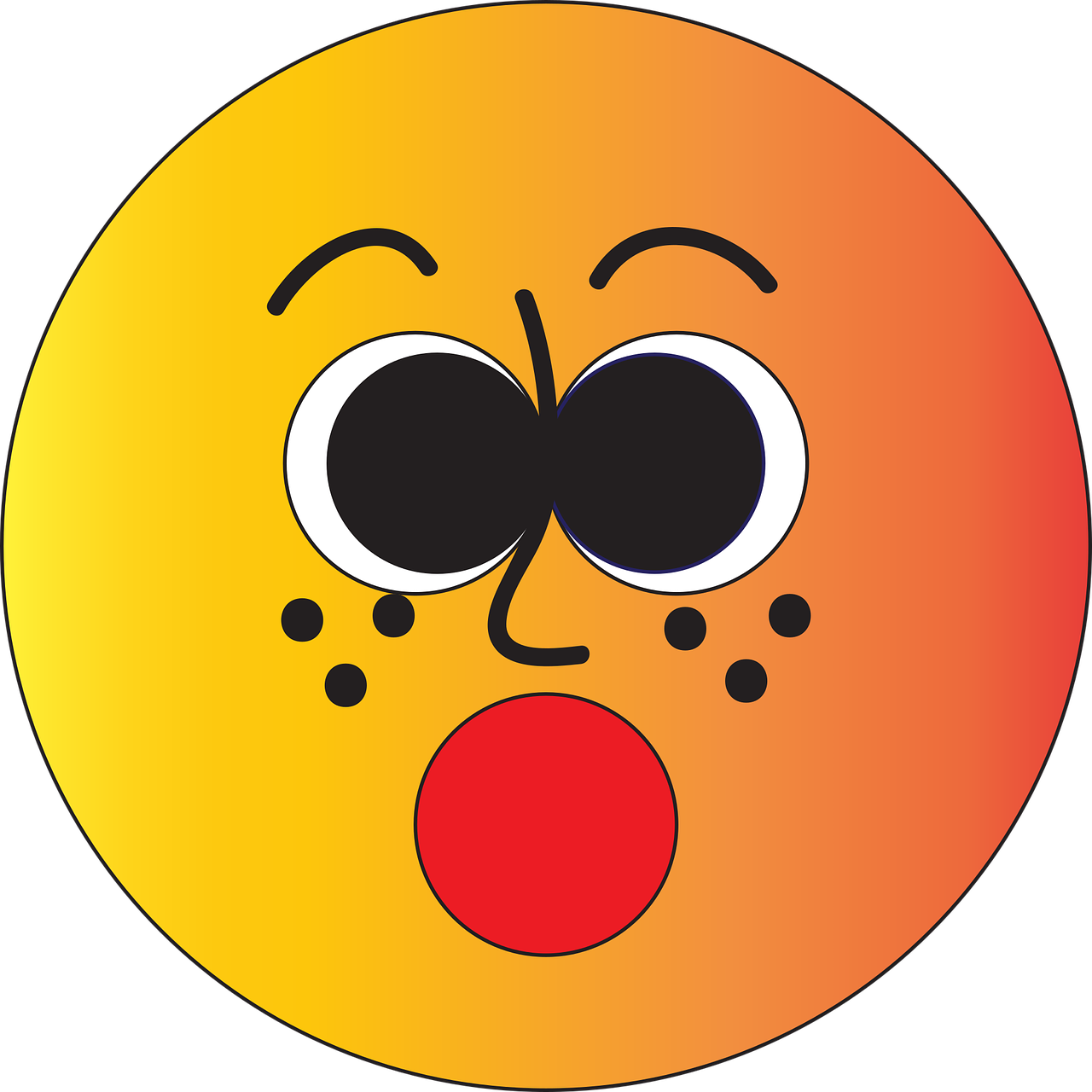 A Yellow And Orange Face With Black Dots And Red Cheeks