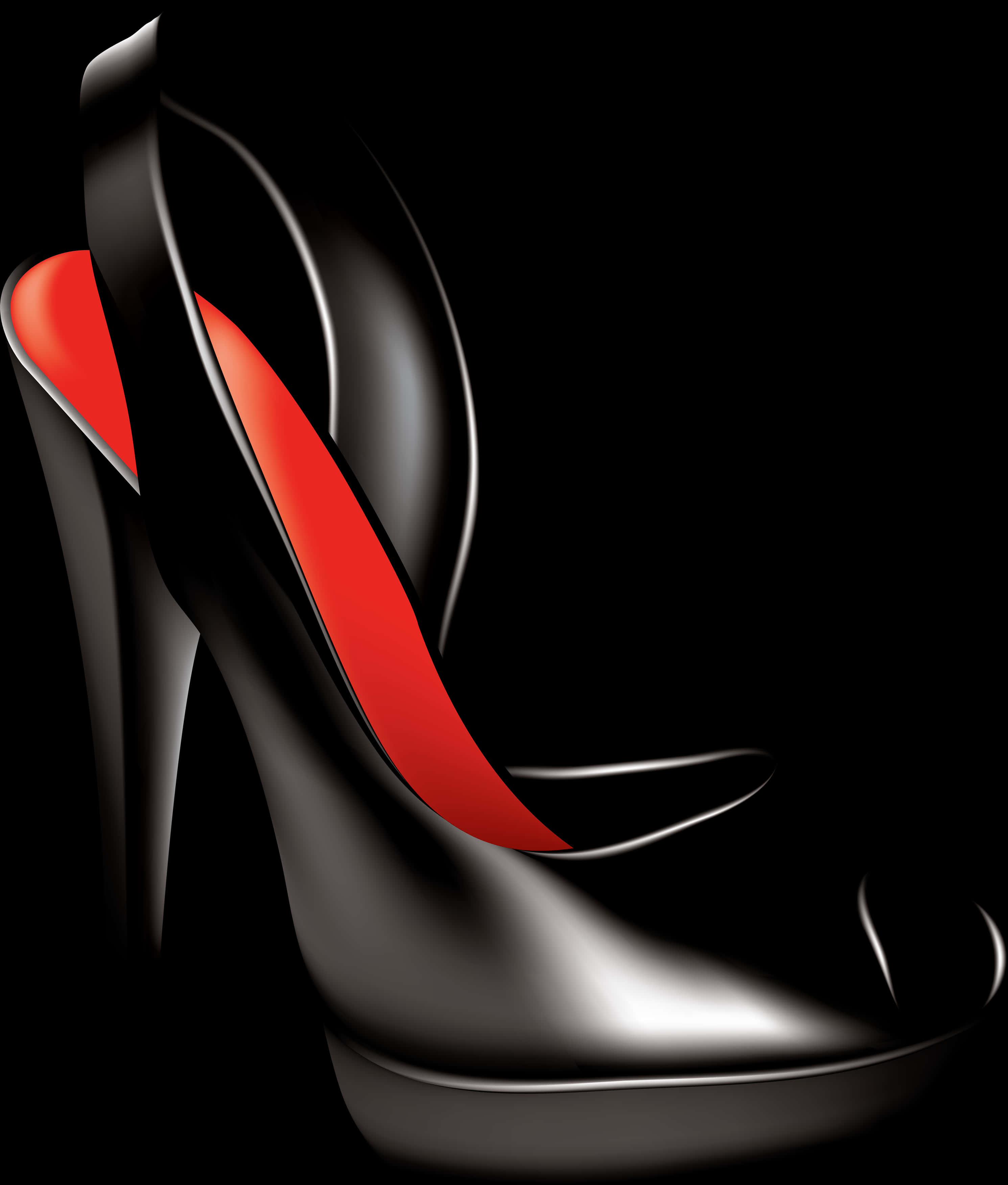 A Black High Heeled Shoe With A Red Lining